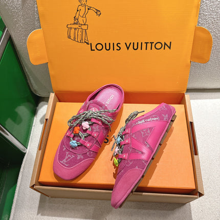 LV 26S MULE SNEAKERS IN DARK PINK DENIM AND SUEDE WITH FLOWER CHARM