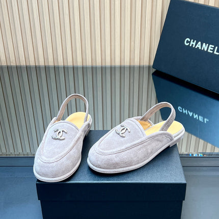 CHANEL 25S BACK STRAP MULE 15MM IN LIGHT GRAY SUEDE SILVER HARDWARE