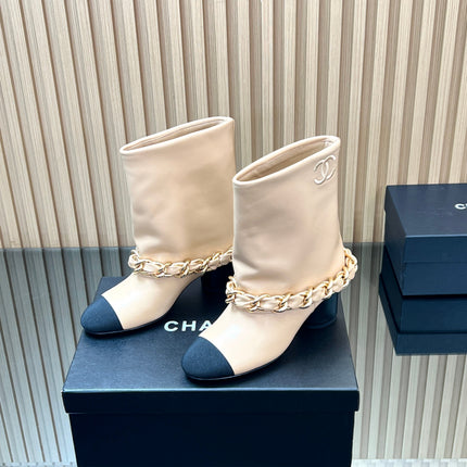CHANEL 25S LOW BOOTS 65MM IN BEIGE CALFSKIN GOLD HARDWARE