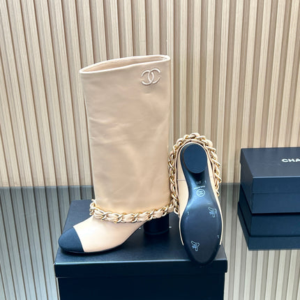 CHANEL 25S HIGH BOOTS 65MM IN BEIGE CALFSKIN GOLD HARDWARE