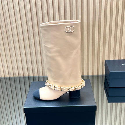 CHANEL 25S HIGH BOOTS 65MM IN BEIGE CALFSKIN GOLD HARDWARE