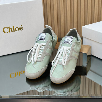 CHLOÉ 26S SNEAKERS IN LIGHT GREEN CALFSKIN AND GREY SUEDE