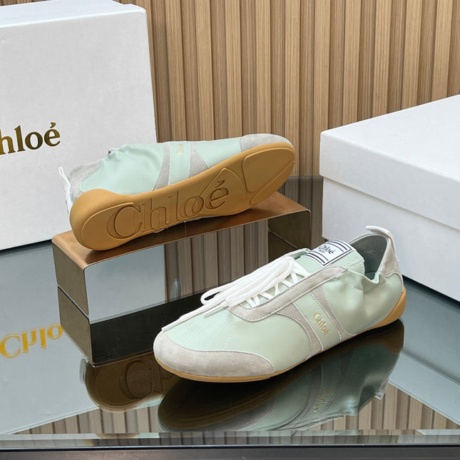 CHLOÉ 26S SNEAKERS IN LIGHT GREEN CALFSKIN AND GREY SUEDE