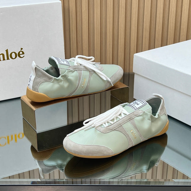 CHLOÉ 26S SNEAKERS IN LIGHT GREEN CALFSKIN AND GREY SUEDE