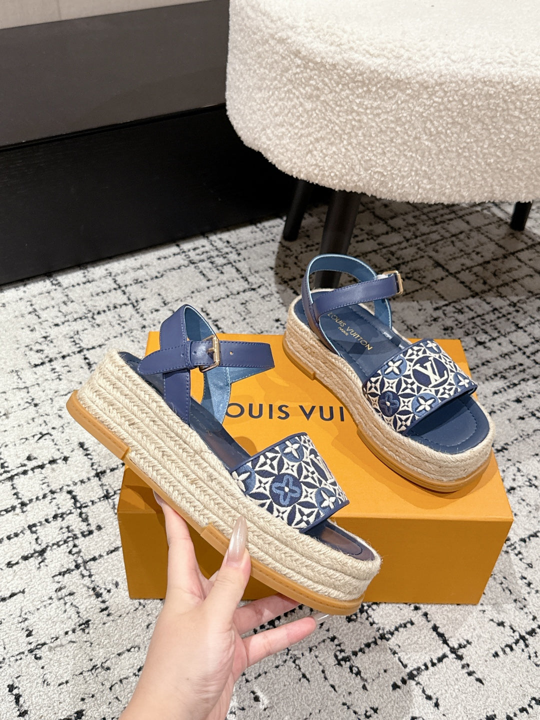 LV PLATFORM ESPADRILLE SANDALS 25S IN DARK BLUE FABRIC