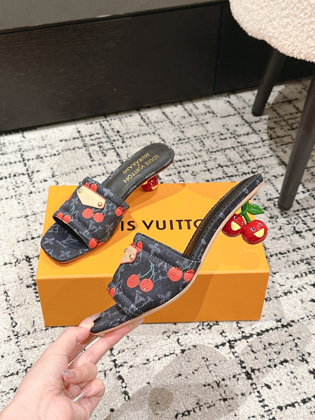 LV CHERRY HIGH HEELS 25S 55 MM IN CHARCOAL BLACK DENIM STYLE 10