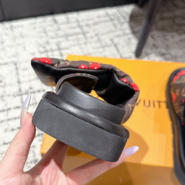 LV MIAMI-STYLE SANDALS 25S IN BROWN FABRIC AND BLACK CALFSKIN
