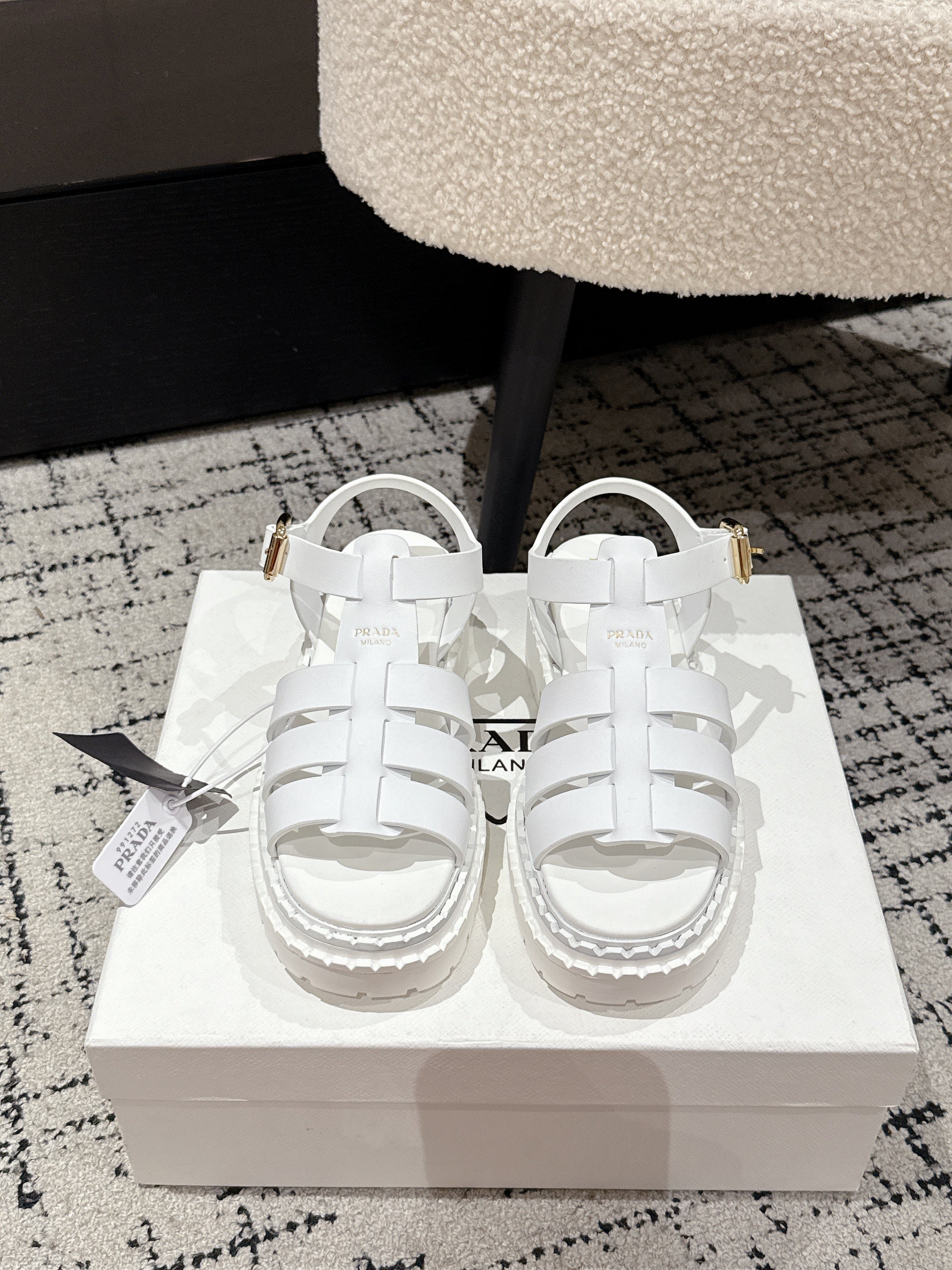 PRADA 25S FISHERMAN OPEN TOE SANDALS IN WHITE CALFSKIN