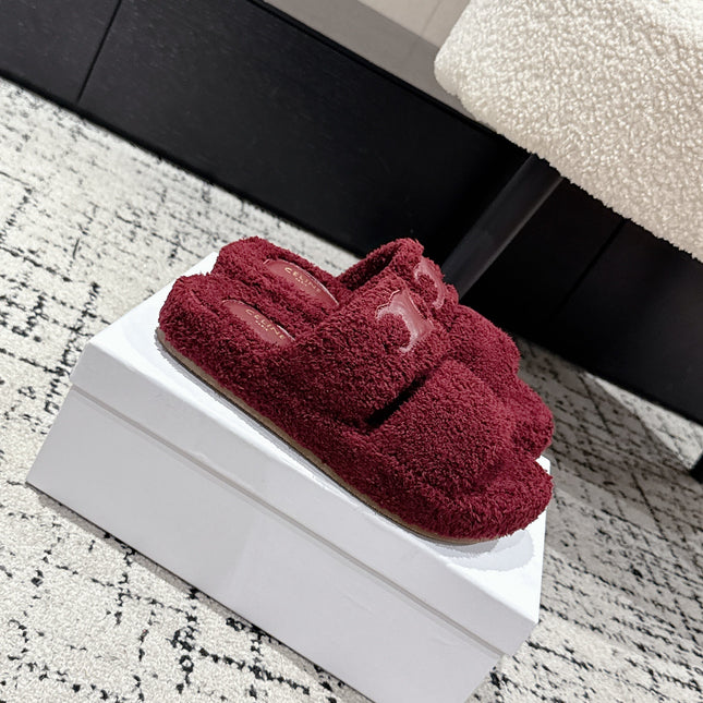 CELINE 25S SLIDES TRIOMPHE IN WINE RED SPONGE FABRIC