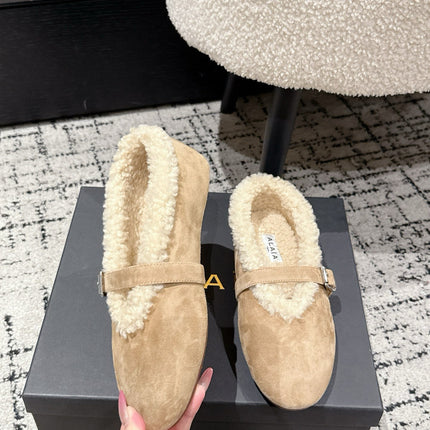 ALAIA 26S  BALLET FLATS IN DARK BEIGE SUEDE AND WOOL