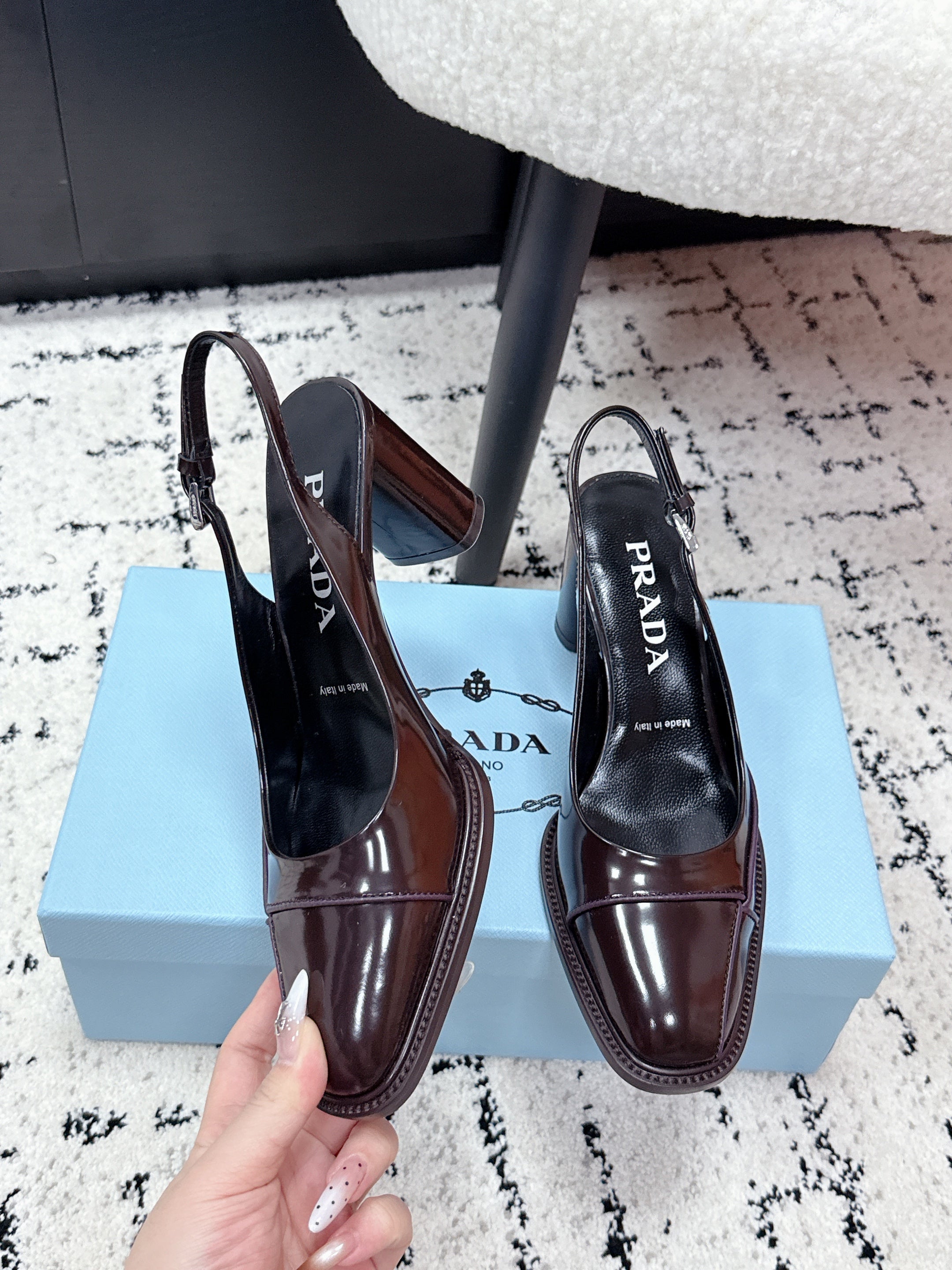 PRADA 26S SLINGBACK PUMPS 70MM IN DARK BROWN PATENT CALFSKIN