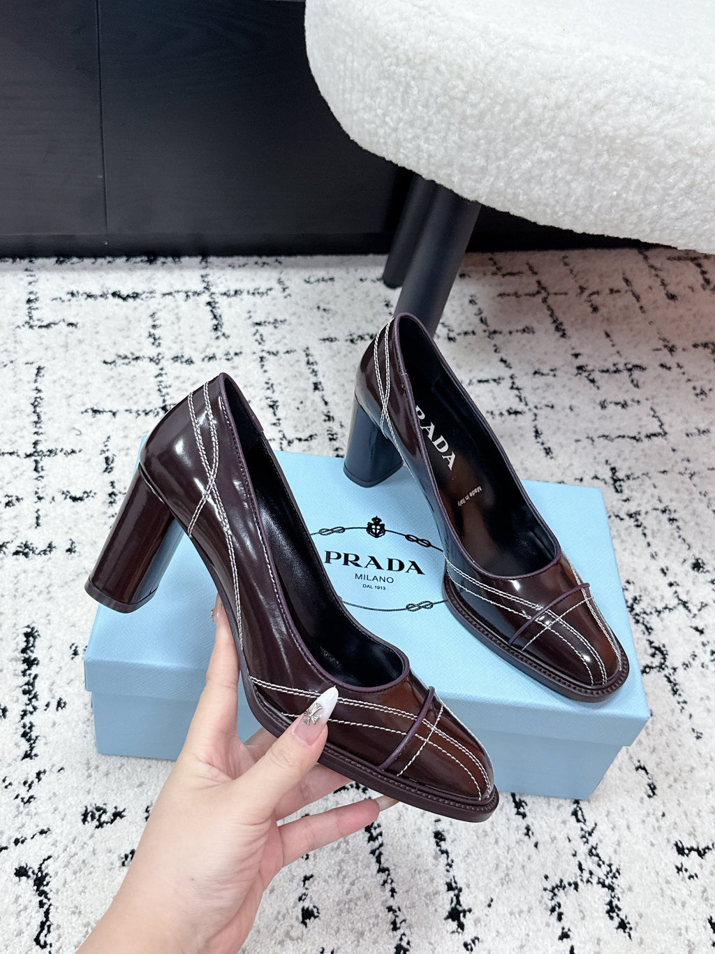 PRADA 26S BOWLING-STYLE HIGH HEELS 70MM IN DARK BROWN GLOSSY CALFSKIN