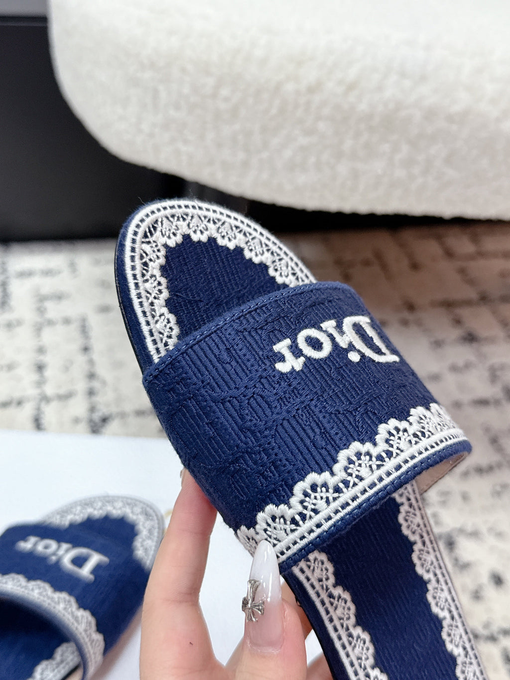 DIOR 26S SLIDES IN NAVY BLUE EMBOSSED OBLIQUE LACE EMBROIDERY