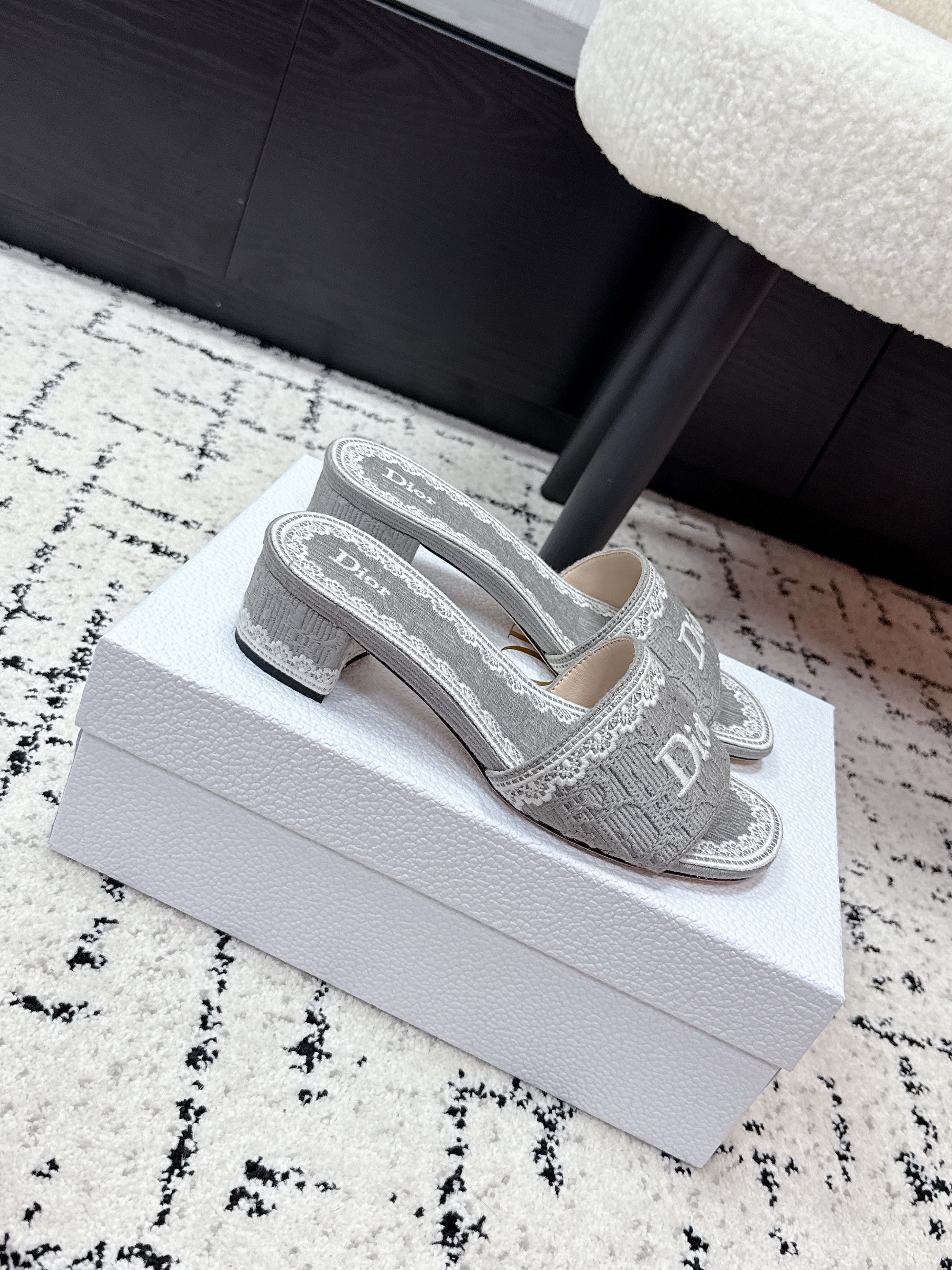 DIOR 26S HIGH HEEL SLIDES IN GREY EMBOSSED OBLIQUE LACE EMBROIDERY