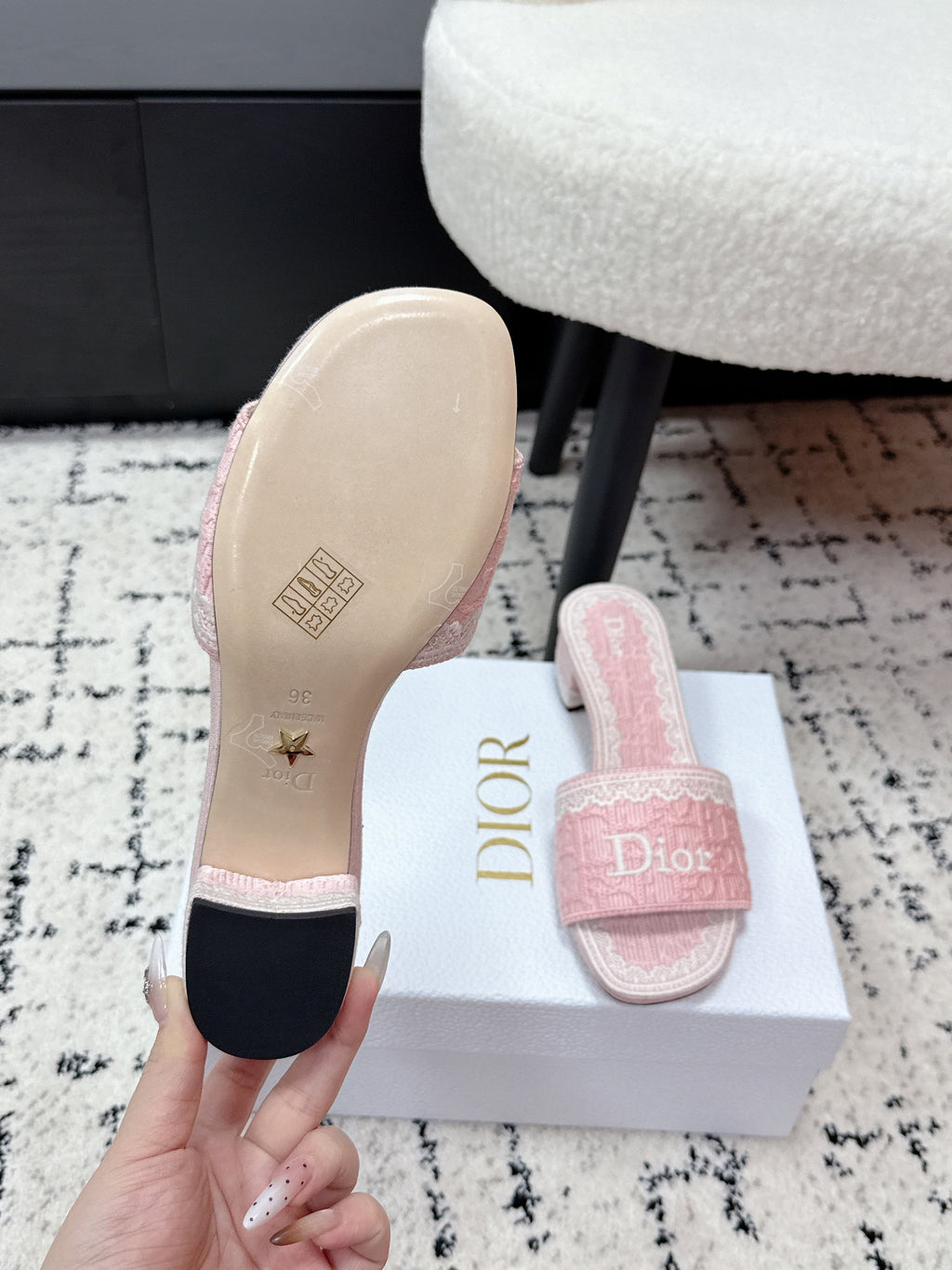 DIOR 26S HIGH HEEL SLIDES IN LIGHT PINK EMBOSSED OBLIQUE LACE EMBROIDERY