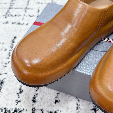 PRADA 26S SLIP ON SHOES IN WARM BROWN SMOOTH CALFSKIN