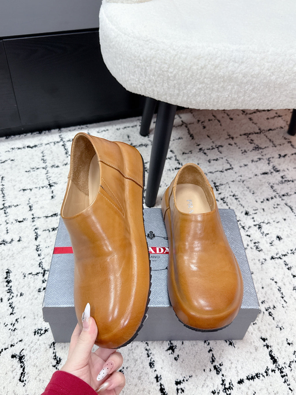 PRADA 26S SLIP ON SHOES IN WARM BROWN SMOOTH CALFSKIN