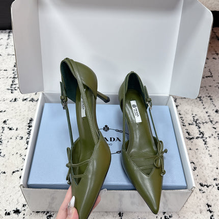 PRADA 26S POINTED-TOE HIGH HEELS 55MM IN DARK OLIVE GREEN CALFSKIN WITH BOW