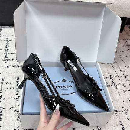 PRADA 26S POINTED-TOE HIGH HEELS 55MM IN BLACK PATENT CALFSKIN WITH BOW