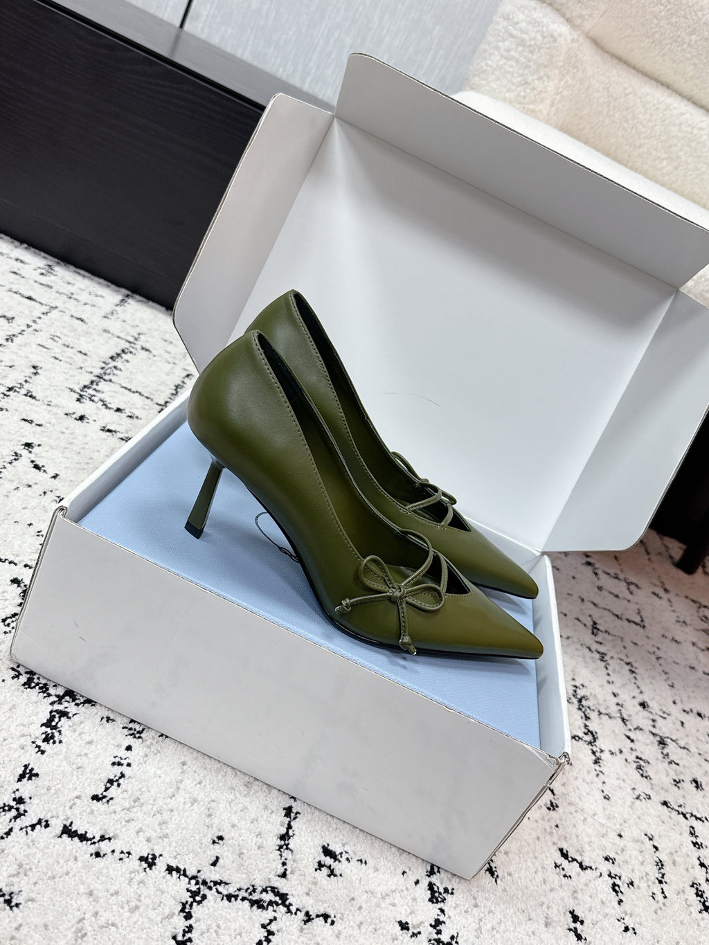 PRADA 26S POINTED-TOE HIGH HEELS 75MM IN DARK OLIVE GREEN CALFSKIN