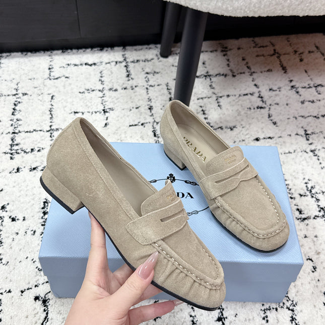 PRADA 26S LOAFERS 25MM IN BEIGE SUEDE