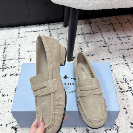 PRADA 26S LOAFERS 25MM IN BEIGE SUEDE