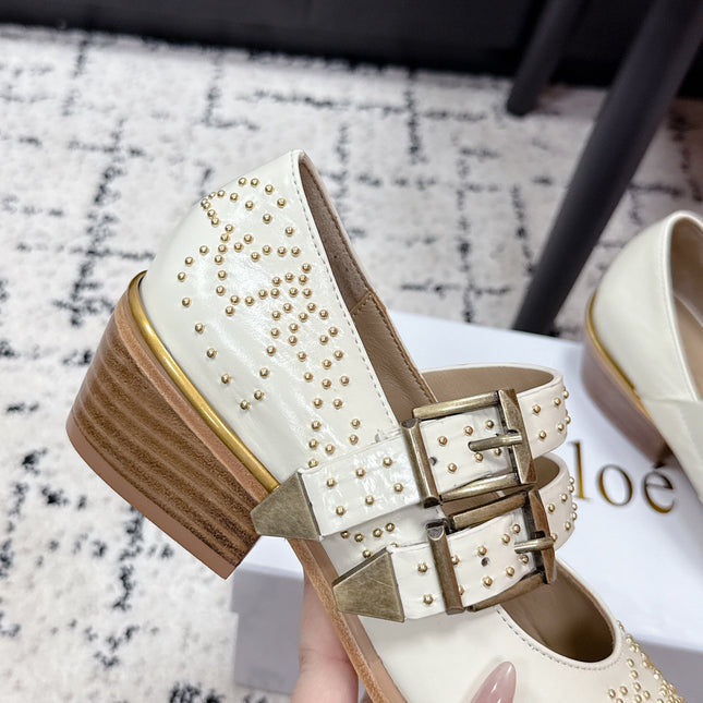 CHLOÉ 26S METAL STUD SHOES IN CREAM WHITE CALFSKIN