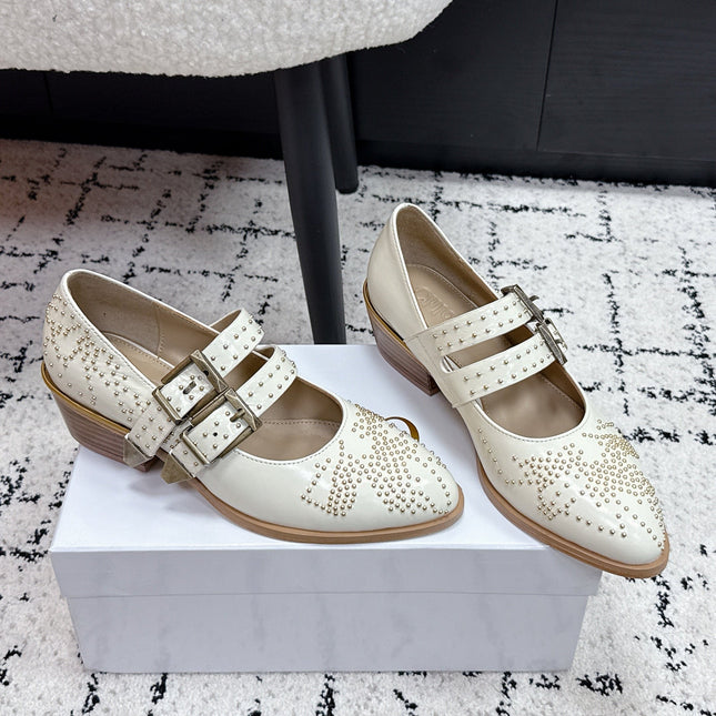 CHLOÉ 26S METAL STUD SHOES IN CREAM WHITE CALFSKIN