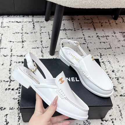 CHANEL 26S SLINGBACK LOAFERS IN WHITE PATENT CALFSKIN WITH CC LOGO