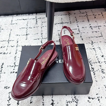 CHANEL 26S SLINGBACK LOAFERS IN BURGUNDY RED PATENT CALFSKIN WITH CC LOGO