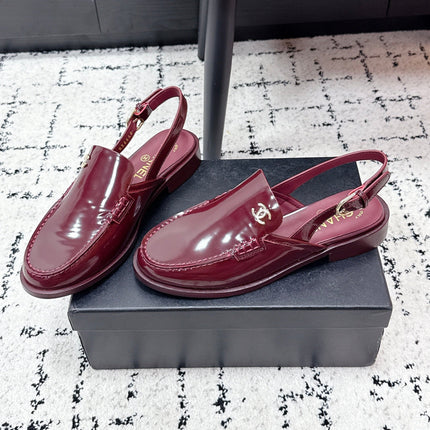 CHANEL 26S SLINGBACK LOAFERS IN BURGUNDY RED PATENT CALFSKIN WITH CC LOGO