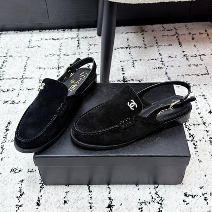 CHANEL 26S SLINGBACK LOAFERS IN BLACK SUEDE WITH CC LOGO
