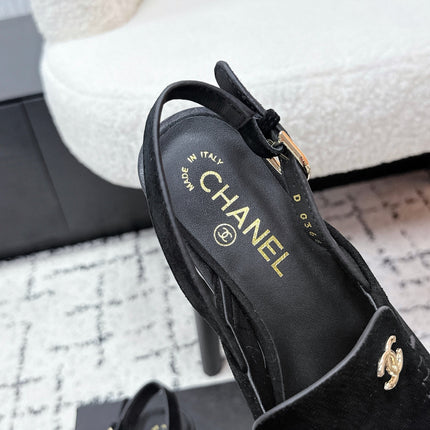 CHANEL 26S SLINGBACK LOAFERS IN BLACK SUEDE WITH CC LOGO