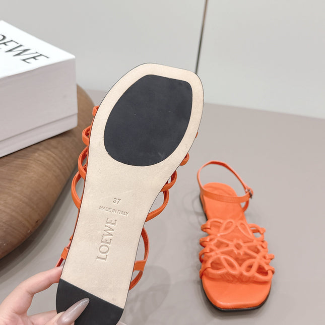 LOEWE 26S SQUARE TOE SANDALS IN ORANGE CALFSKIN LOGO