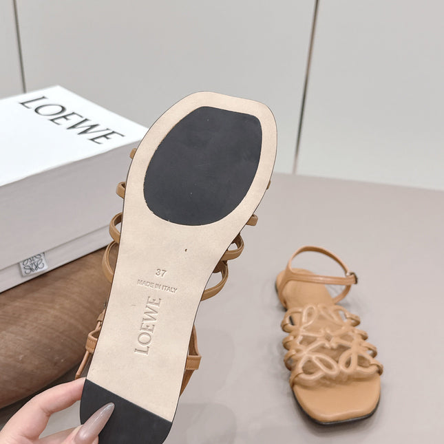LOEWE 26S SQUARE TOE SANDALS IN LIGHT BROWN CALFSKIN LOGO