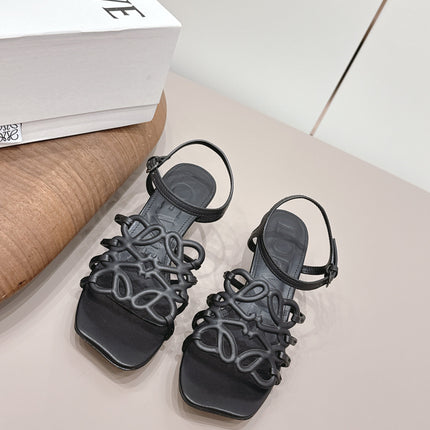 LOEWE 26S SQUARE TOE HEEL SANDALS 50MM IN BLACK CALFSKIN LOGO