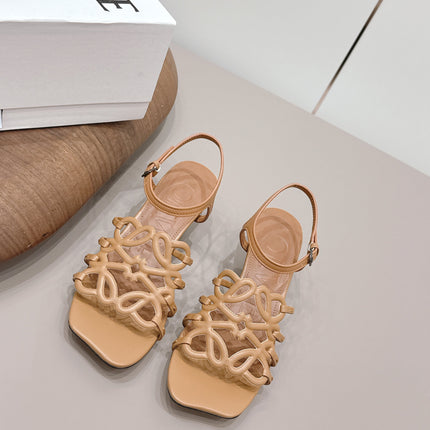 LOEWE 26S SQUARE TOE HEEL SANDALS 50MM IN LIGHT BROWN CALFSKIN LOGO