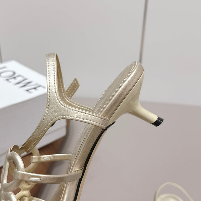 LOEWE 26S SQUARE TOE HEEL SANDALS 50MM IN GOLD CALFSKIN LOGO