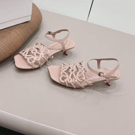 LOEWE 26S SQUARE TOE HEEL SANDALS 50MM IN PINK CALFSKIN LOGO