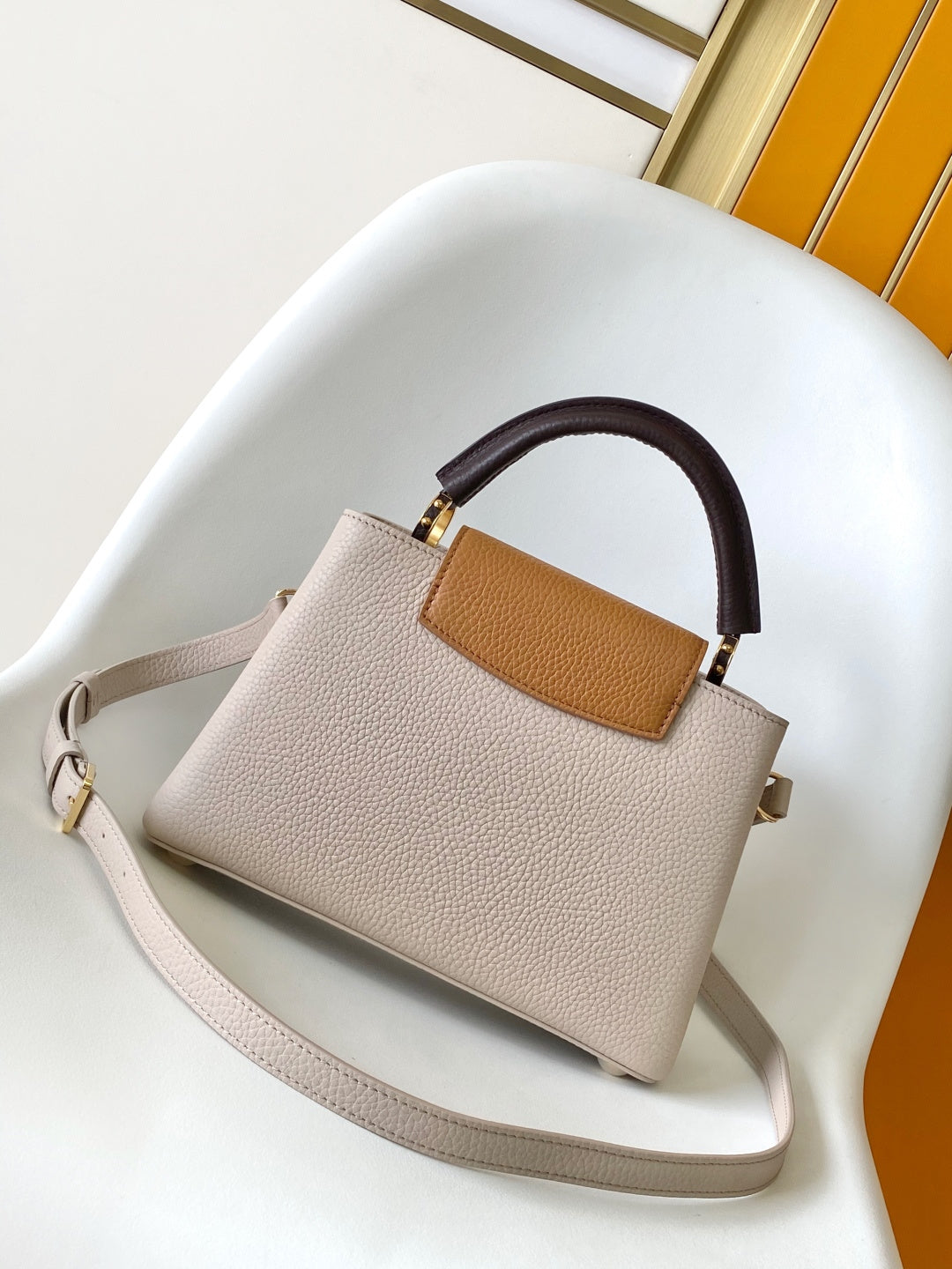 LV 26S CAPUCINES BAG 27 IN GRAYISH BEIGE TAURILLON CALFSKIN
