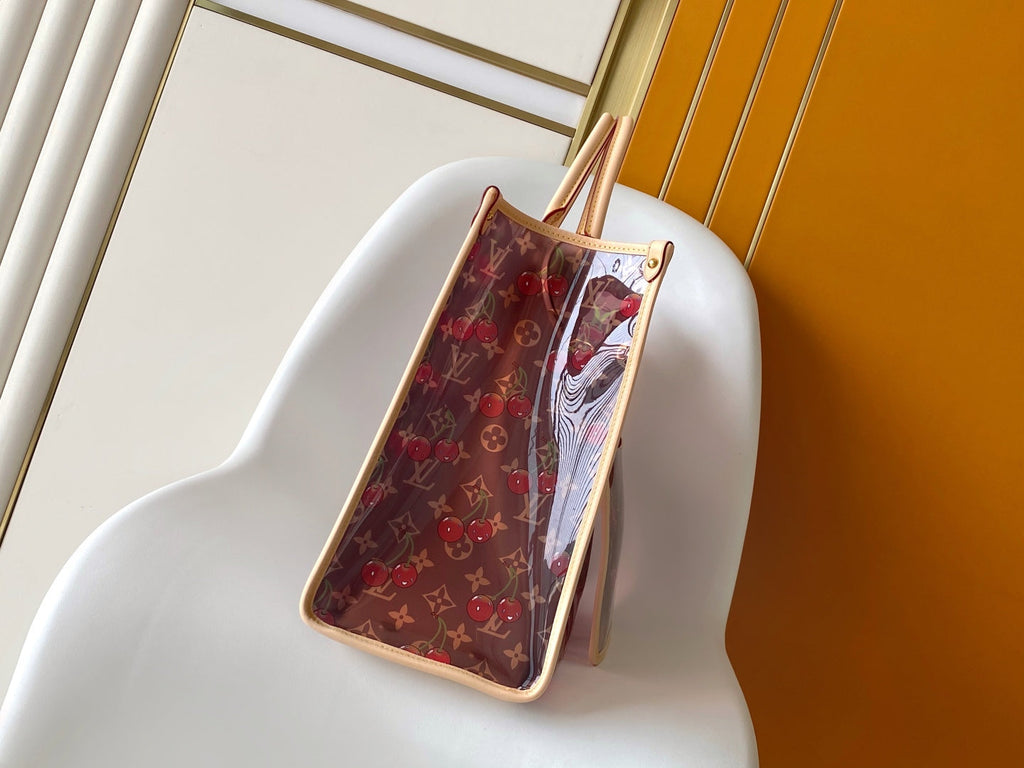 LV 26S ONTHEGO TOTE 41 IN CHERRY RED CLEAR PVC AND CALFSKIN