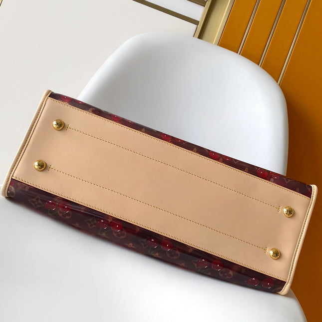 LV 26S ONTHEGO TOTE 41 IN CHERRY RED CLEAR PVC AND CALFSKIN