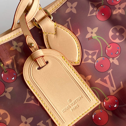 LV 26S ONTHEGO TOTE 41 IN CHERRY RED CLEAR PVC AND CALFSKIN
