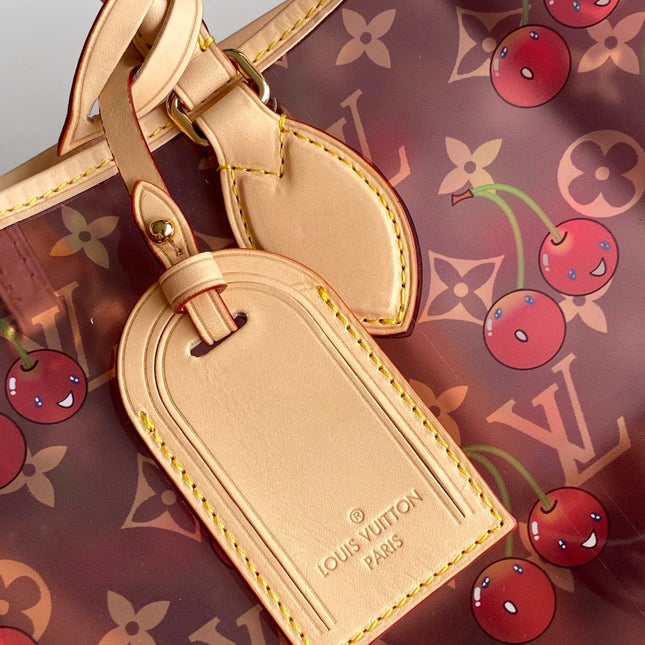 LV 26S ONTHEGO TOTE 41 IN CHERRY RED CLEAR PVC AND CALFSKIN