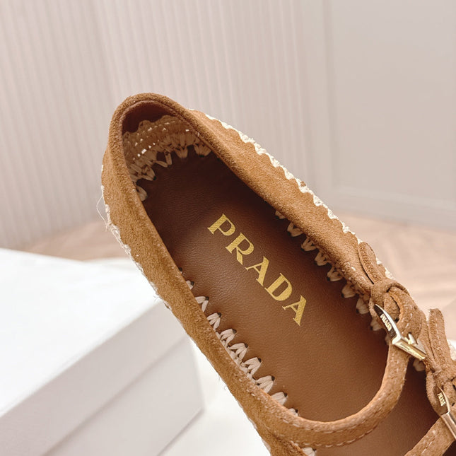 PRADA 26S MARY JANE ESPADRILLES SHOES IN CARAMEL BROWN SUEDE WITH LOGO