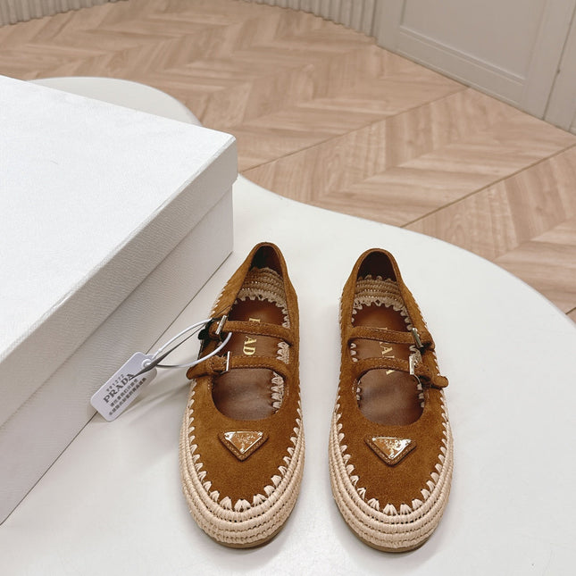 PRADA 26S MARY JANE ESPADRILLES SHOES IN CARAMEL BROWN SUEDE WITH LOGO