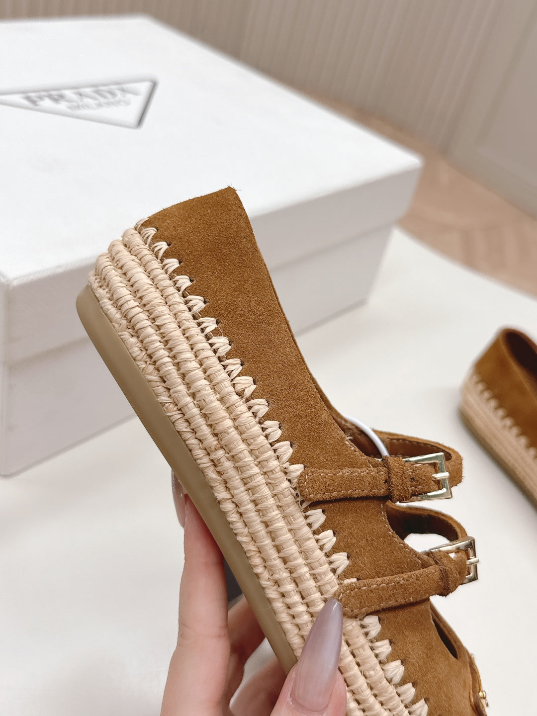 PRADA 26S MARY JANE ESPADRILLES SHOES IN CARAMEL BROWN SUEDE WITH LOGO