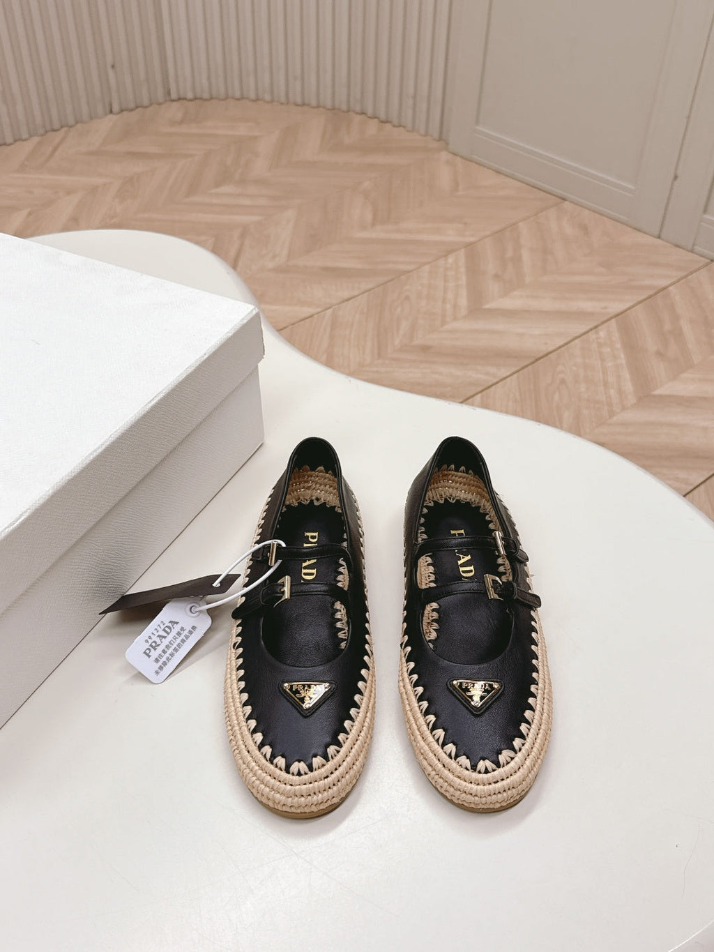 PRADA 26S MARY JANE ESPADRILLES SHOES IN BLACK CALFSKIN WITH LOGO