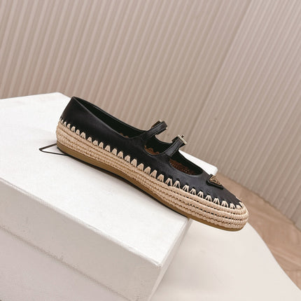 PRADA 26S MARY JANE ESPADRILLES SHOES IN BLACK CALFSKIN WITH LOGO
