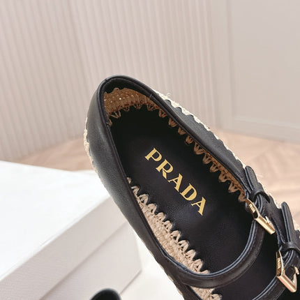 PRADA 26S MARY JANE ESPADRILLES SHOES IN BLACK CALFSKIN WITH LOGO
